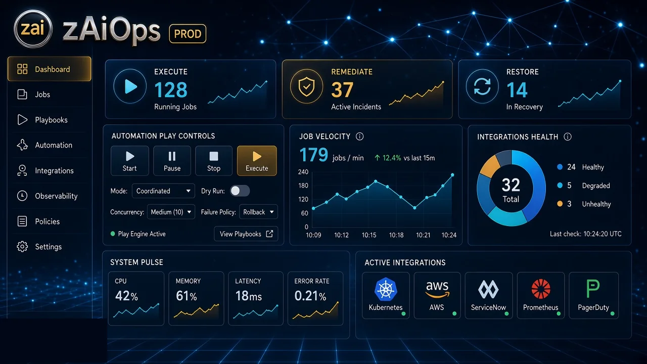 zAi Ops governed operations dashboard showing jobs, incidents, integrations, and system health