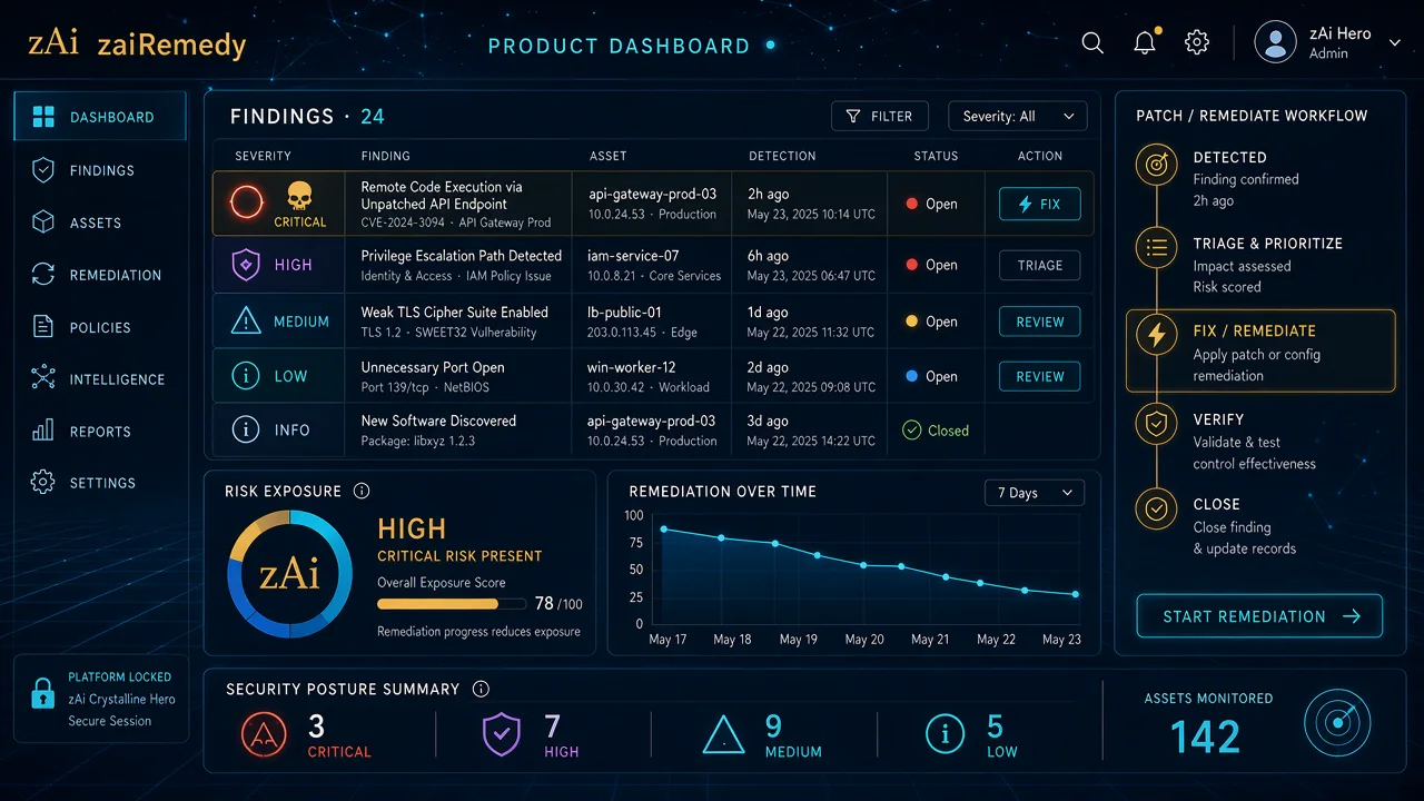 zAi Remedy vulnerability dashboard showing prioritized findings and a verified remediation workflow